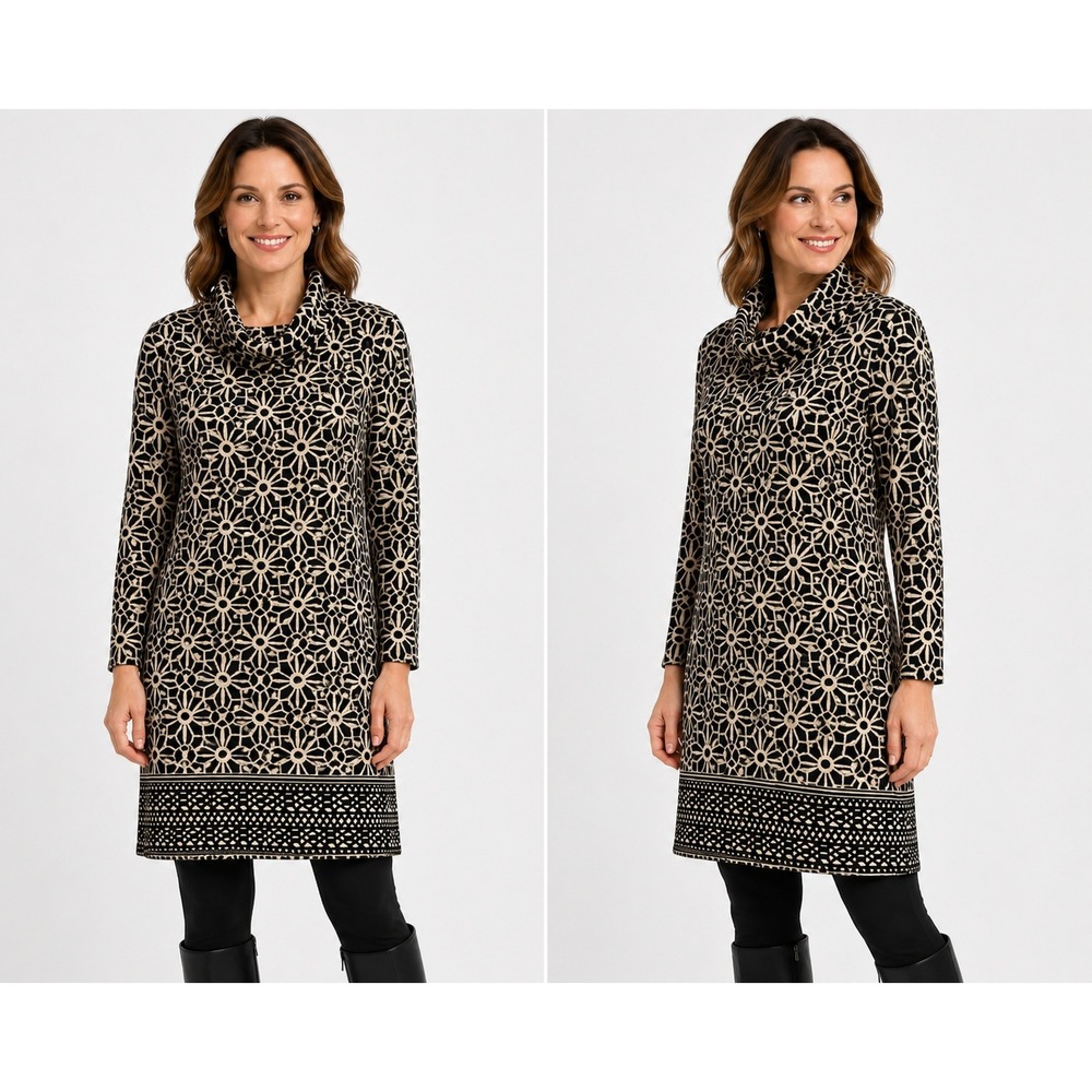 Tacera Petite PXL Black Tan Geometric Cowl Neck Knit Tunic Dress 1630HP NEW